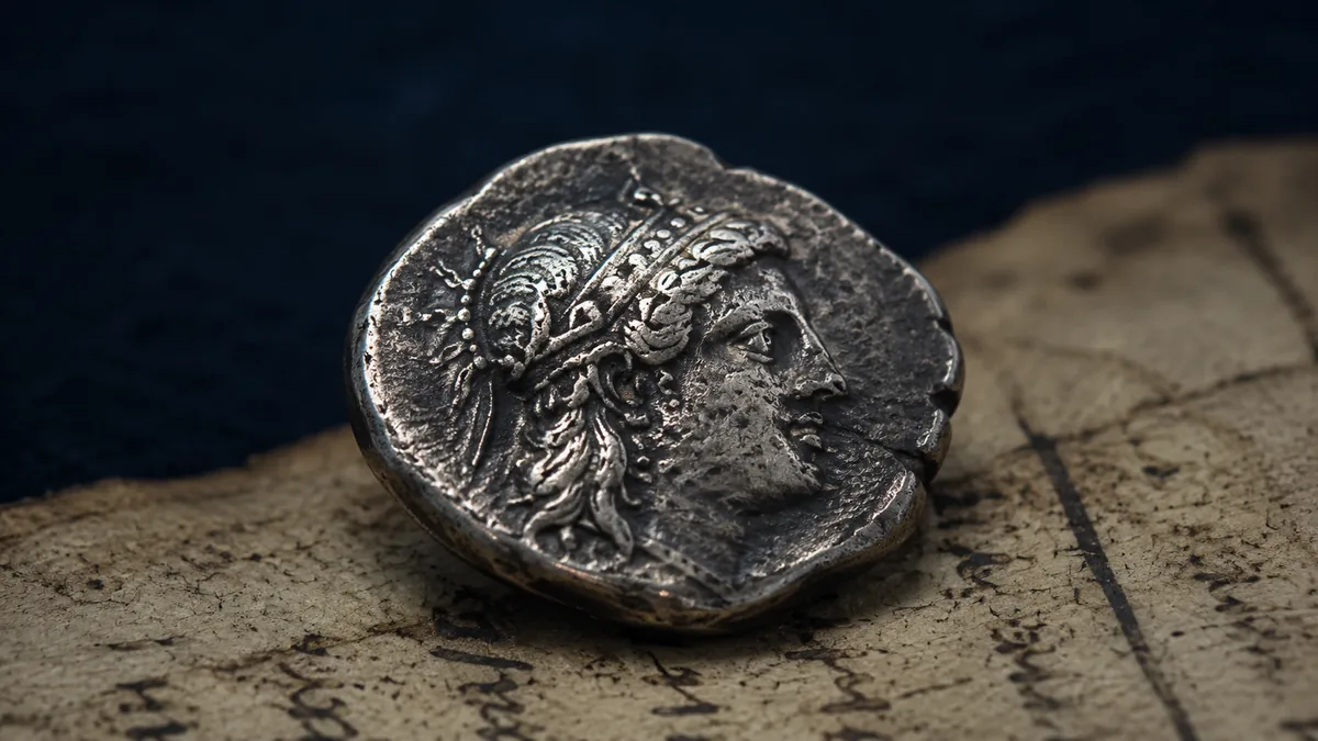 Ancient hand-struck silver coin with a classical portrait