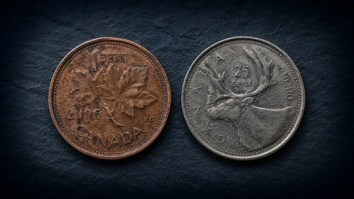 Copper and nickel coins side by side on dark slate