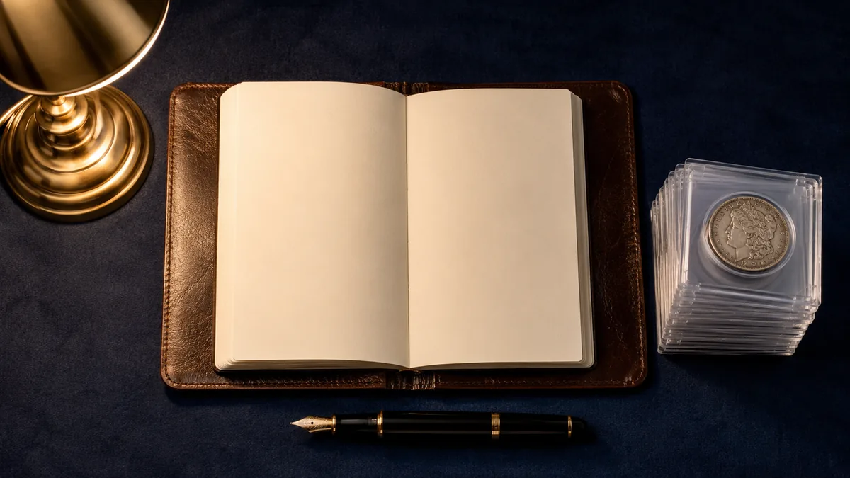 Open blank ledger beside stacked coin holders and a pen