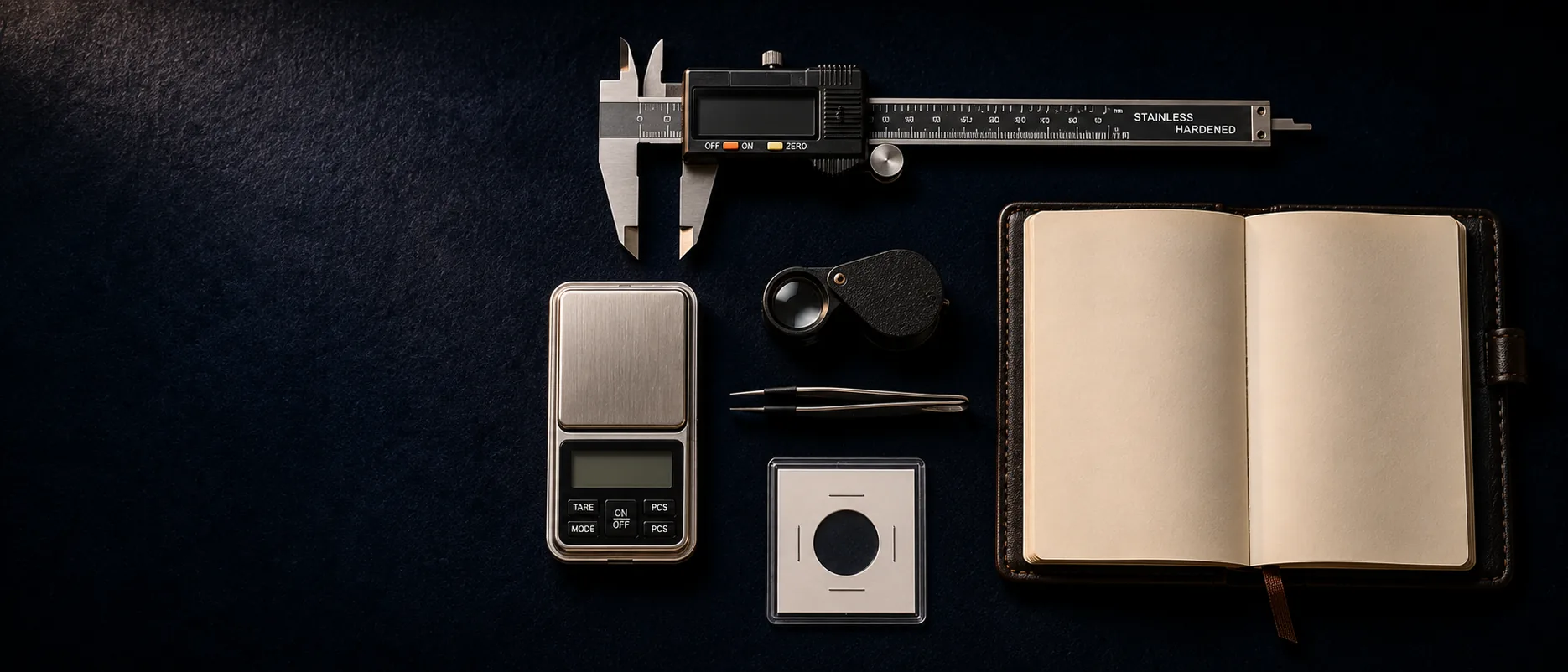 Overhead flat-lay of numismatic measuring instruments