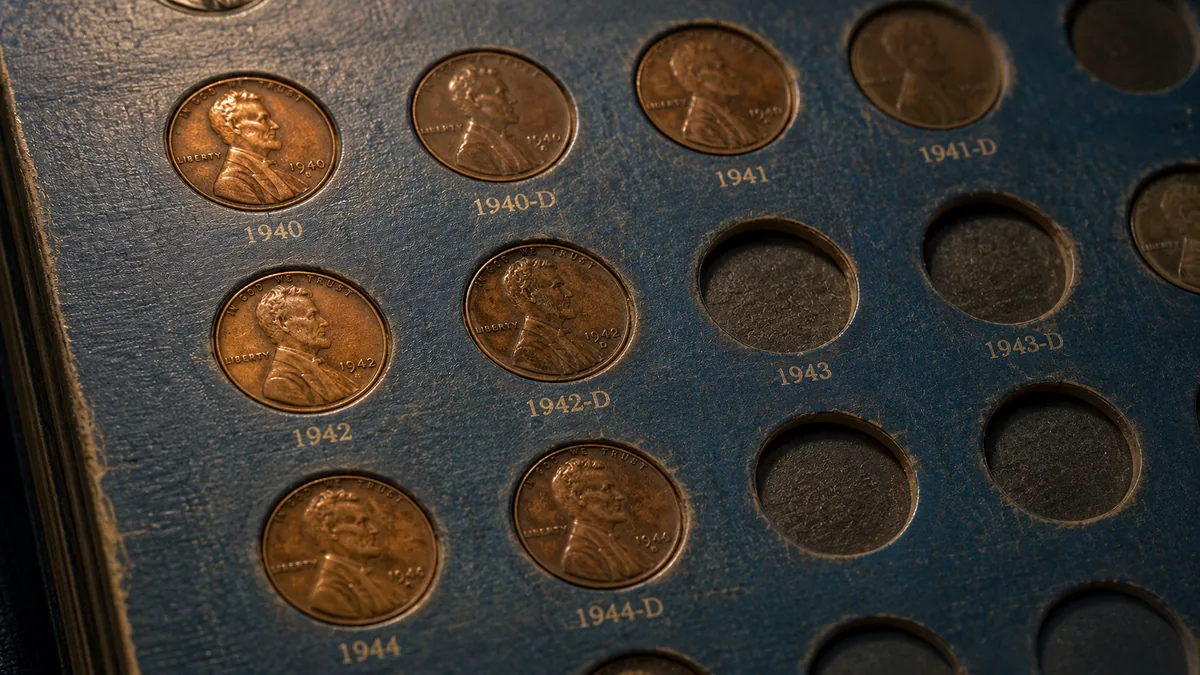Vintage coin album page with cents in place and empty holes