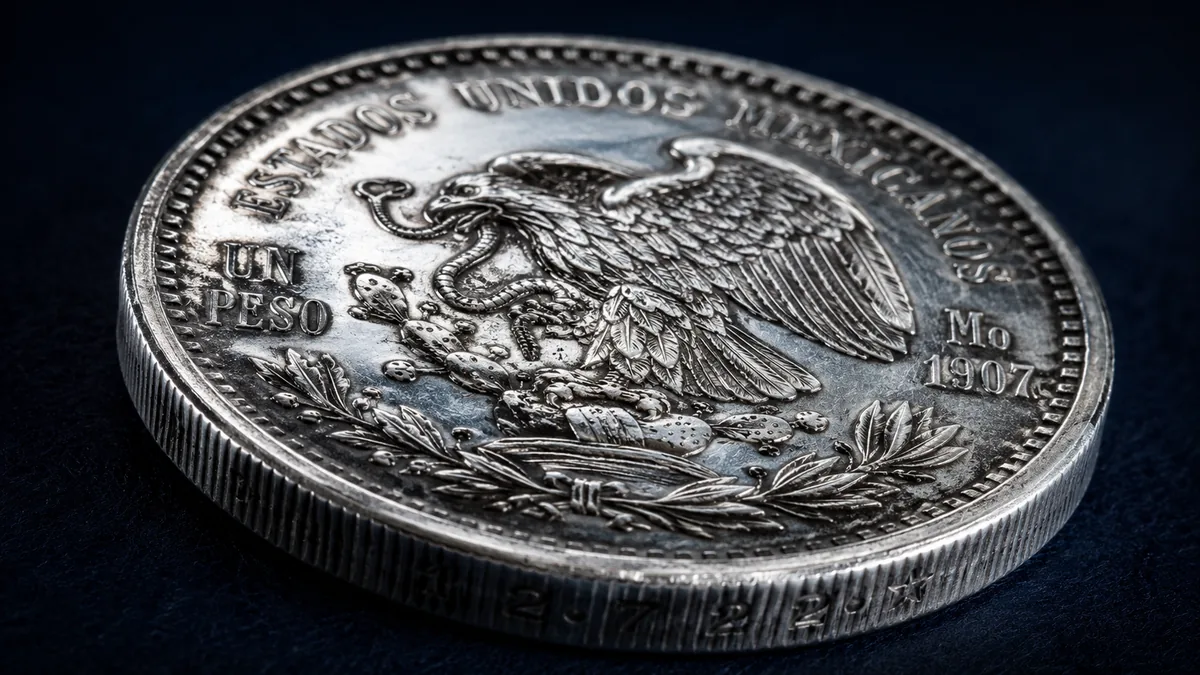 Large silver peso-sized coin at an oblique angle