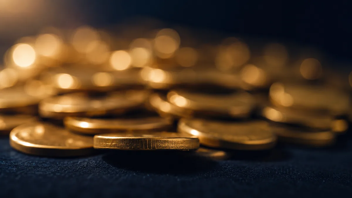 Brass arcade tokens in shallow focus