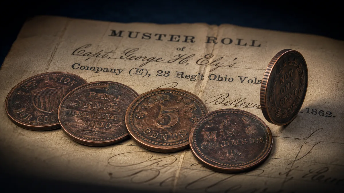 Illustration of Civil War era store-card tokens on a period document
