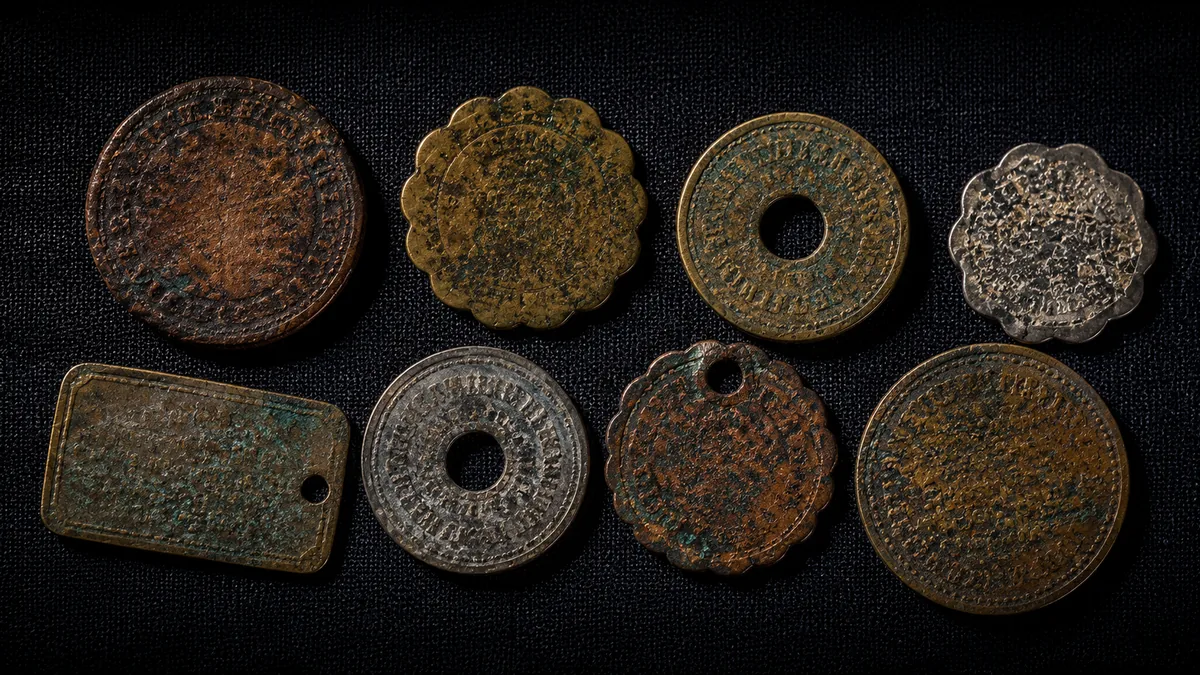 Corroded company-store scrip pieces of mixed metal and shape