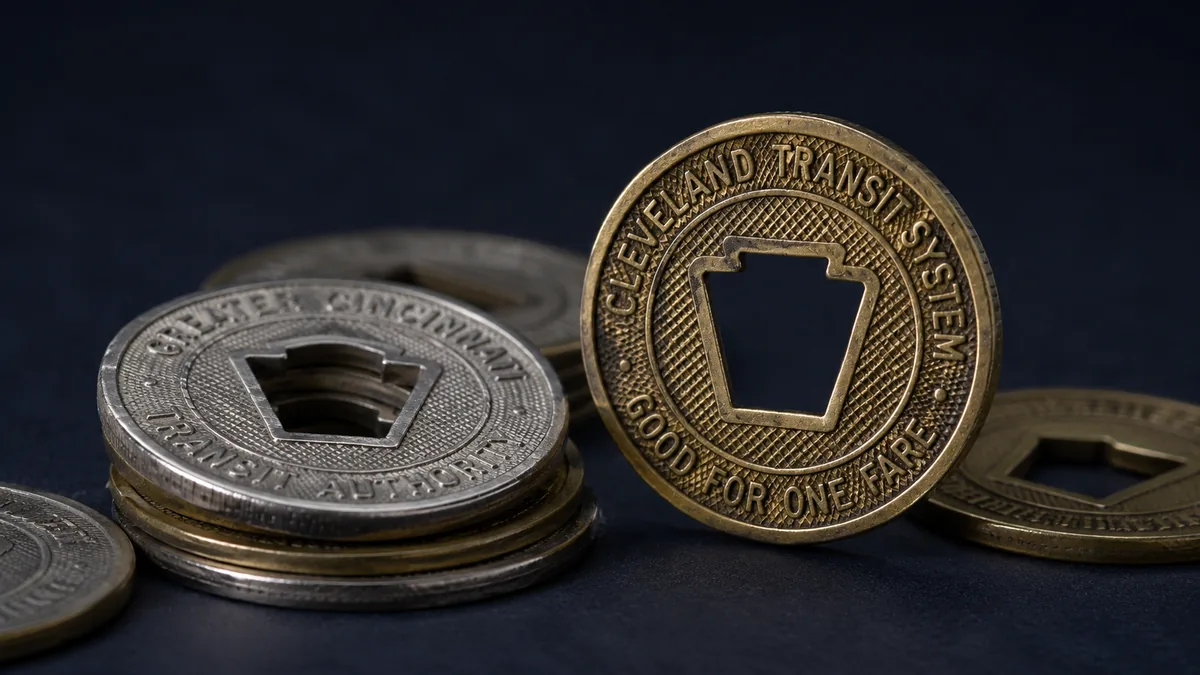 Round dairy tokens in cream, red, and blue on painted wood