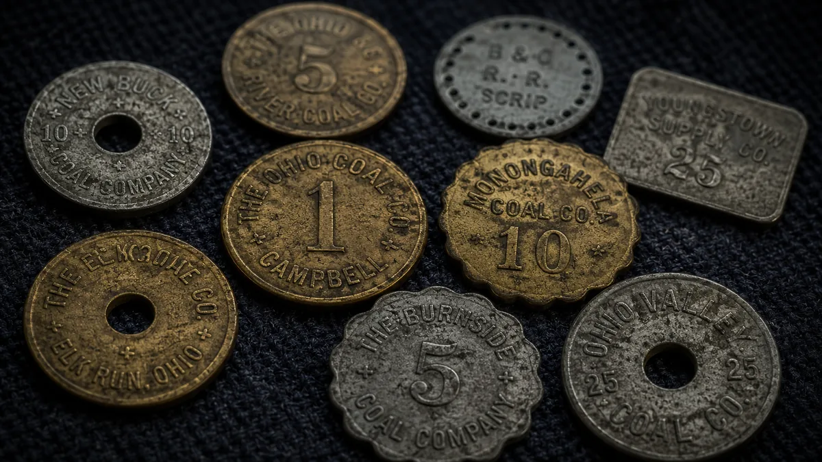 Brass tokens resting on rough sawn timber