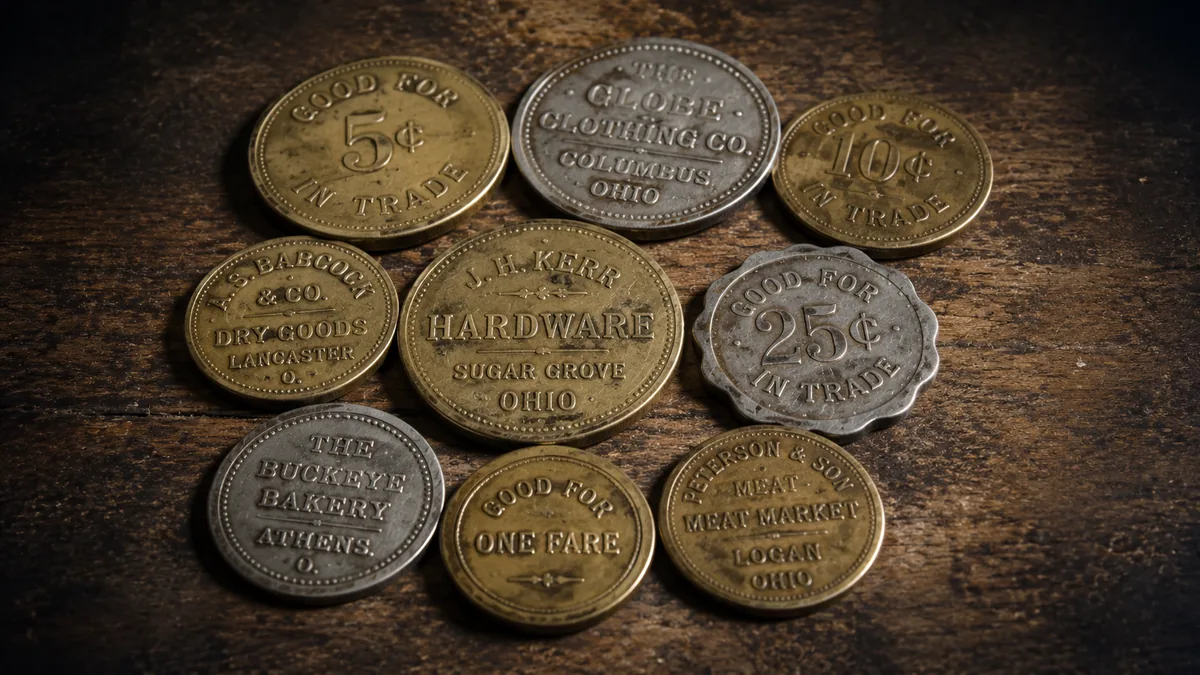 Illustration of 19th-century merchant trade tokens